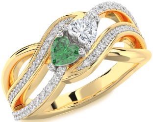 Diamond Emerald Platinum & Yellow Gold Two Heart Birthstone Ring