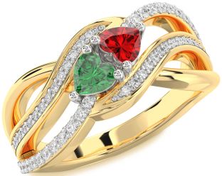 Diamond Emerald Platinum & Yellow Gold Two Heart Birthstone Ring