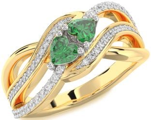 Diamond Emerald Platinum & Yellow Gold Two Heart Birthstone Ring