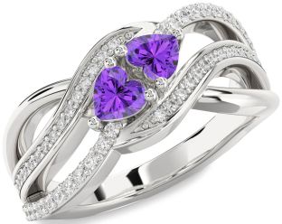 Diamond Emerald Silver Two Heart Birthstone Ring