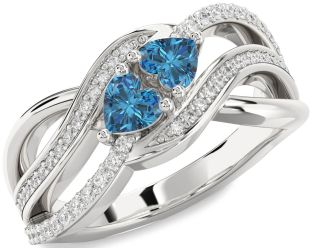 Blue Diamond Silver Two Heart Ring