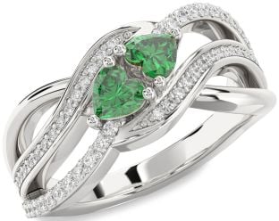 Diamond Emerald Silver Two Heart Birthstone Ring
