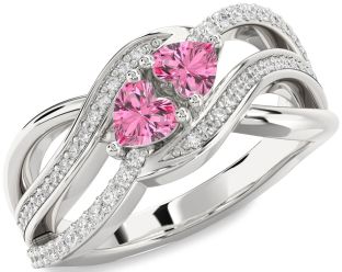 Diamond Pink Sapphire Silver Two Heart Ring
