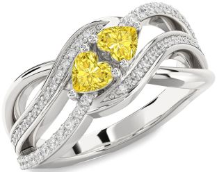Yellow Diamond Silver Two Heart Ring