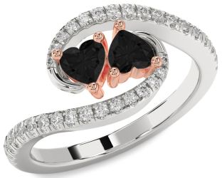 Diamond Emerald Platinum & Rose Gold Two Heart Birthstone Ring