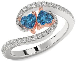 Diamond Emerald Platinum & Rose Gold Two Heart Birthstone Ring