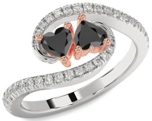Diamond Emerald Platinum & Rose Gold Two Heart Birthstone Ring