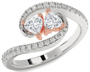 Diamond Silver & 10K Rose Gold Two Heart Ring