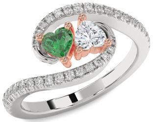 Diamond Emerald Platinum & Rose Gold Two Heart Birthstone Ring