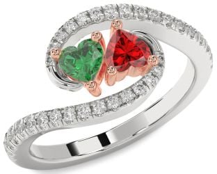 Diamond Emerald Platinum & Rose Gold Two Heart Birthstone Ring