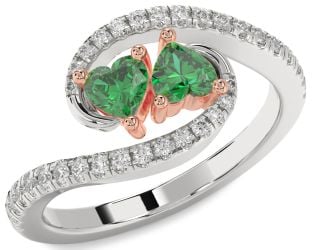 Diamond Emerald Platinum & Rose Gold Two Heart Birthstone Ring