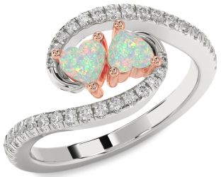Diamond Emerald Platinum & Rose Gold Two Heart Birthstone Ring