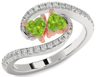 Diamond Emerald Platinum & Rose Gold Two Heart Birthstone Ring