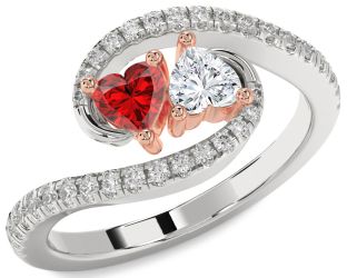 Diamond Emerald Platinum & Rose Gold Two Heart Birthstone Ring