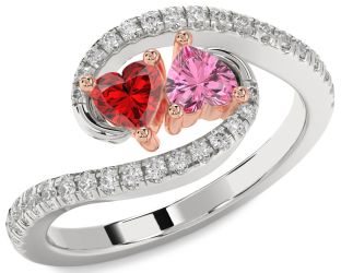 Diamond Emerald Platinum & Rose Gold Two Heart Birthstone Ring