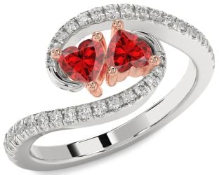 Diamond Emerald Platinum & Rose Gold Two Heart Birthstone Ring
