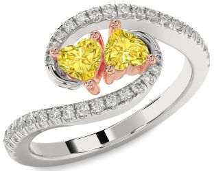 Diamond Emerald Platinum & Rose Gold Two Heart Birthstone Ring