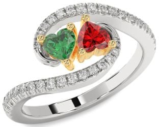 Diamond Emerald Platinum & Yellow Gold Two Heart Birthstone Ring