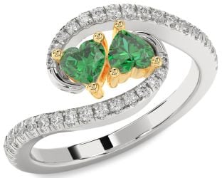 Diamond Emerald Platinum & Yellow Gold Two Heart Birthstone Ring