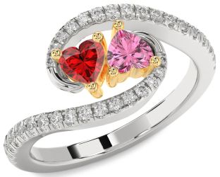 Diamond Emerald Platinum & Yellow Gold Two Heart Birthstone Ring