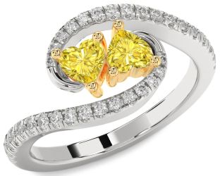 Diamond Emerald Platinum & Yellow Gold Two Heart Birthstone Ring