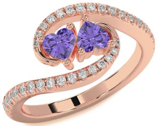 Diamond Emerald Rose Gold Two Heart Birthstone Ring
