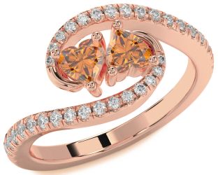 Diamond Emerald Rose Gold Two Heart Birthstone Ring