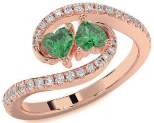 Diamond Emerald Rose Gold Two Heart Birthstone Ring