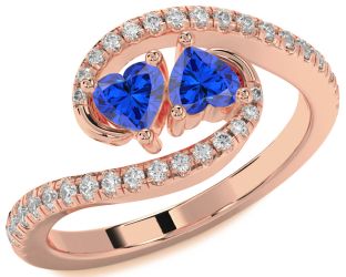 Diamond Emerald Rose Gold Two Heart Birthstone Ring
