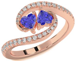 Diamond Emerald Rose Gold Two Heart Birthstone Ring