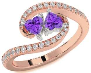 Diamond Emerald Platinum & Rose Gold Two Heart Birthstone Ring