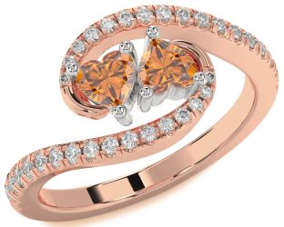 Diamond Emerald Platinum & Rose Gold Two Heart Birthstone Ring