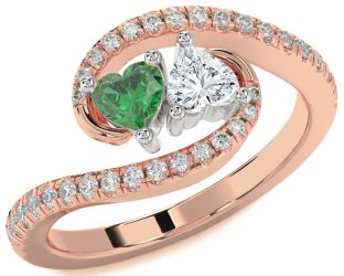 Diamond Emerald Platinum & Rose Gold Two Heart Birthstone Ring