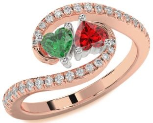 Diamond Emerald Platinum & Rose Gold Two Heart Birthstone Ring