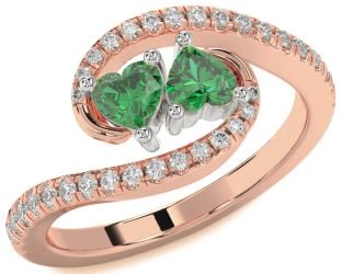 Diamond Emerald Platinum & Rose Gold Two Heart Birthstone Ring