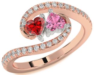 Diamond Emerald Platinum & Rose Gold Two Heart Birthstone Ring