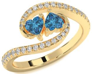 Diamond Emerald Gold Two Heart Birthstone Ring