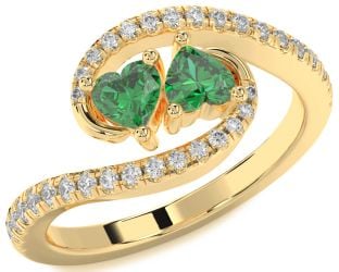 Diamond Emerald Gold Two Heart Birthstone Ring