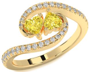 Diamond Emerald Gold Two Heart Birthstone Ring