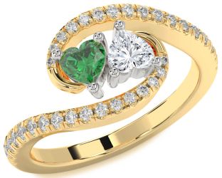 Diamond Emerald Platinum & Yellow Gold Two Heart Birthstone Ring