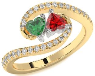 Diamond Emerald Platinum & Yellow Gold Two Heart Birthstone Ring