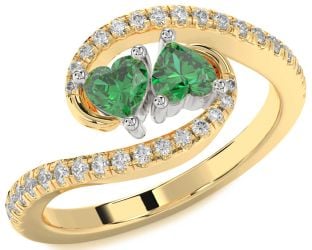 Diamond Emerald Platinum & Yellow Gold Two Heart Birthstone Ring