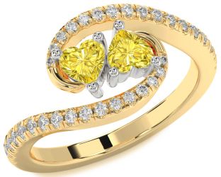 Diamond Emerald Platinum & Yellow Gold Two Heart Birthstone Ring