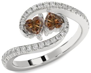 Chocolate Brown Diamond Silver Two Heart Ring