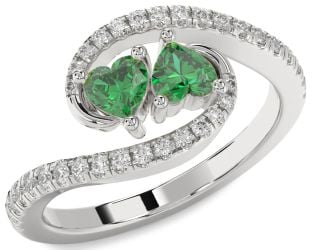 Diamond Emerald Silver Two Heart Birthstone Ring