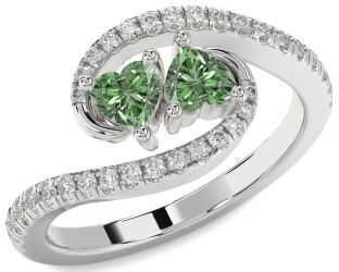 Green Diamond Silver Two Heart Ring