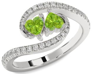 Diamond Emerald Platinum Two Heart Birthstone Ring