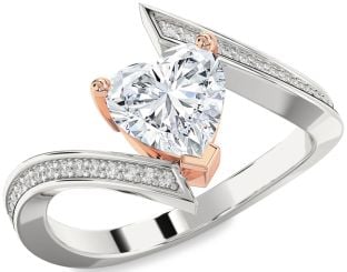 Diamond Rose Gold Silver Heart Solitaire Pave Engagement Ring