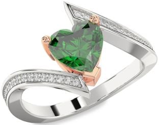 Diamond Emerald Platinum & Rose Gold Heart Solitaire Pave Engagement Ring