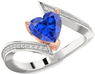 Diamond Blue Sapphire Platinum & Rose Gold Heart Solitaire Pave Engagement Ring